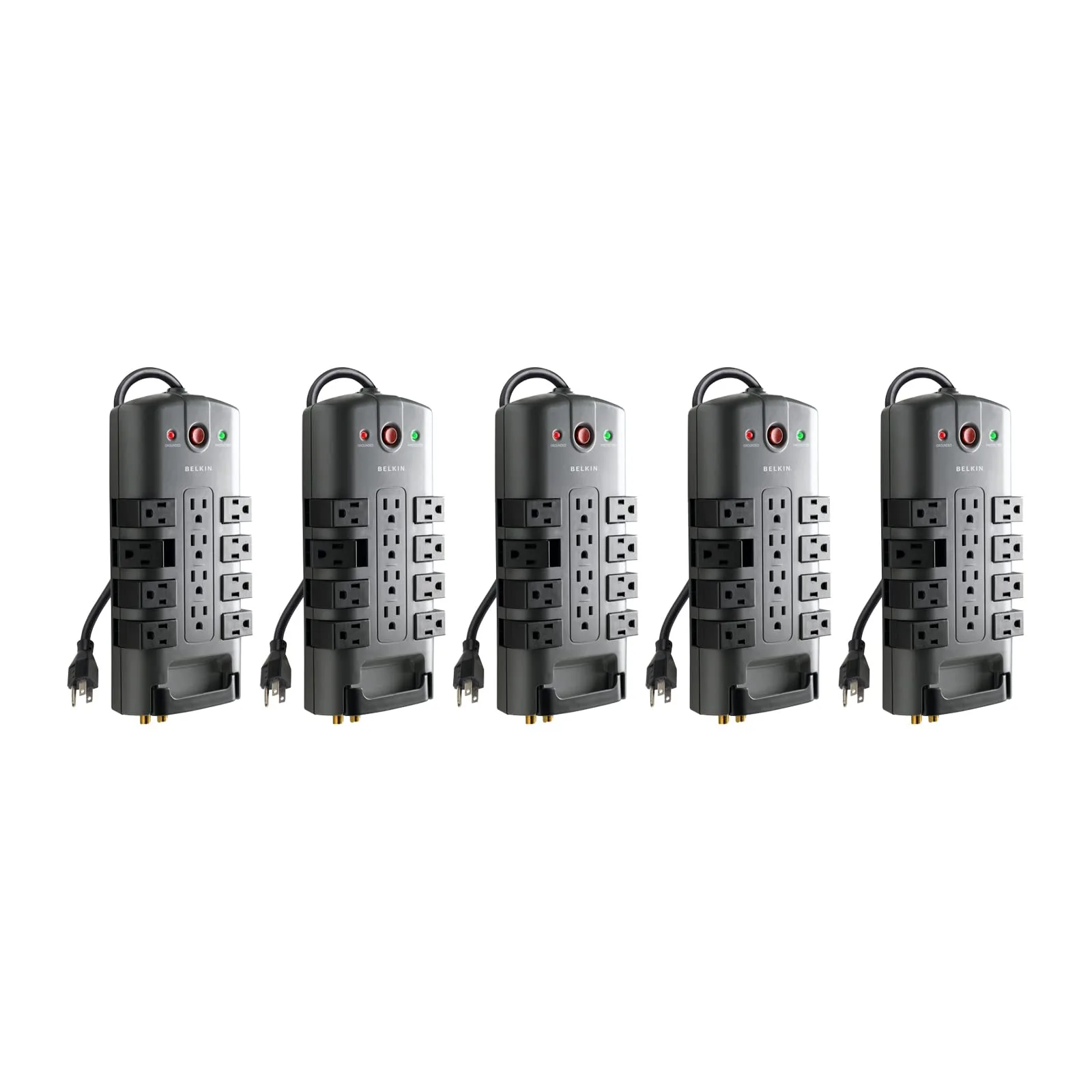 Belkin Surge Protector w/ 8 Rotating & 4 Standard Outlets (Pack of 5) - 8ft Sturdy Extension Cord with Flat Pivot Plug for Home, Office, Travel, & Desktop - Power Strip - 4320 Joules 5 Pack