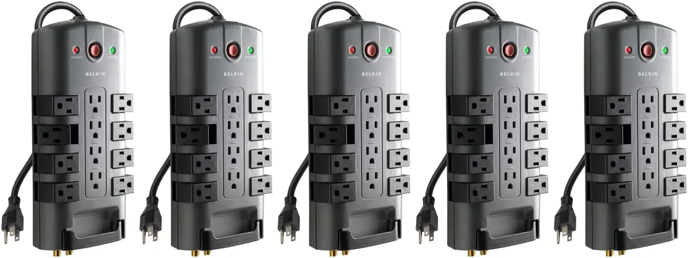 Belkin Surge Protector w/ 8 Rotating & 4 Standard Outlets (Pack of 5) - 8ft Sturdy Extension Cord with Flat Pivot Plug for Home, Office, Travel, & Desktop - Power Strip - 4320 Joules 5 Pack