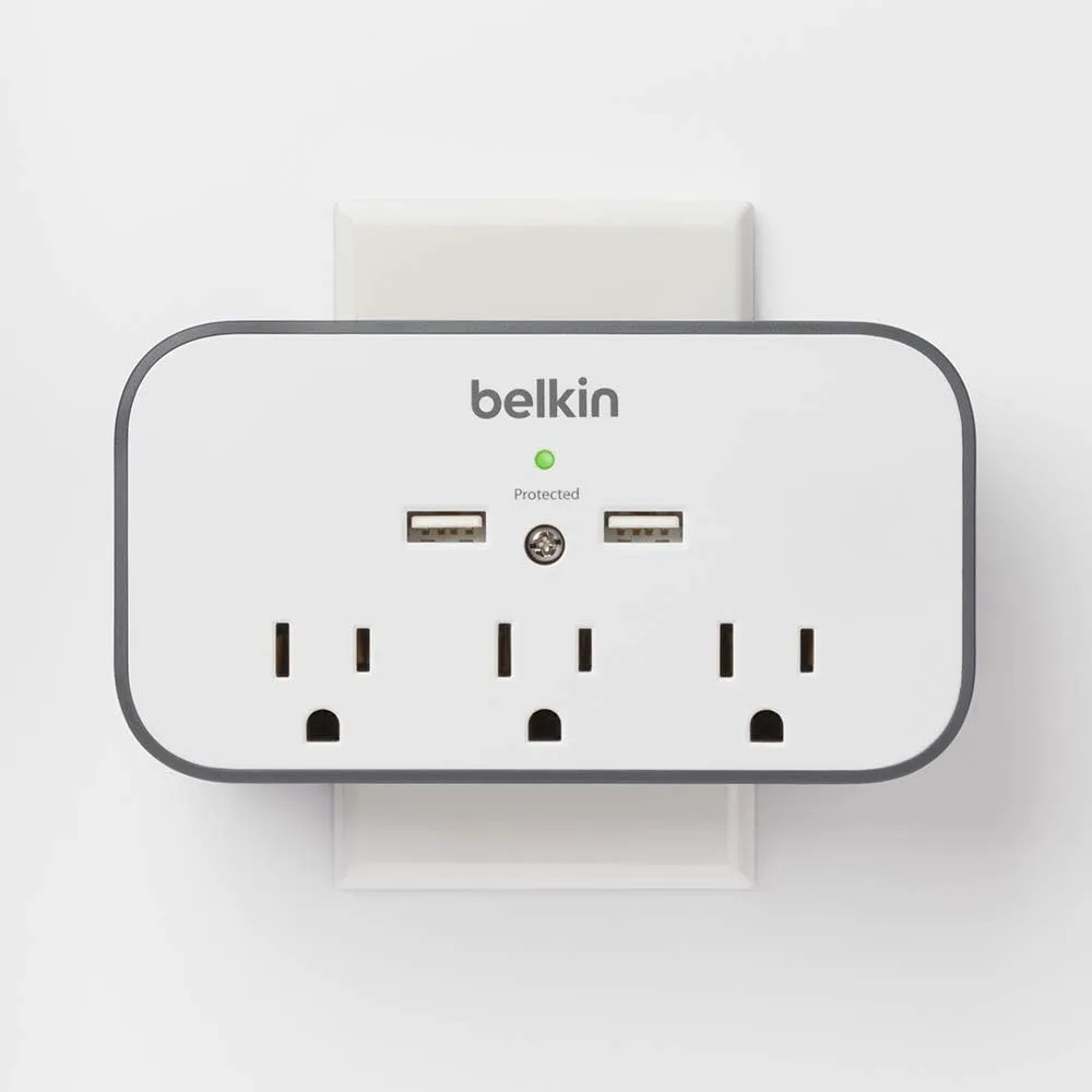 Belkin Wall Surge Protector - 3 Outlet w/ 2 USB Ports Mount with Premium Protection Against Surges Safe Charge for Mobile