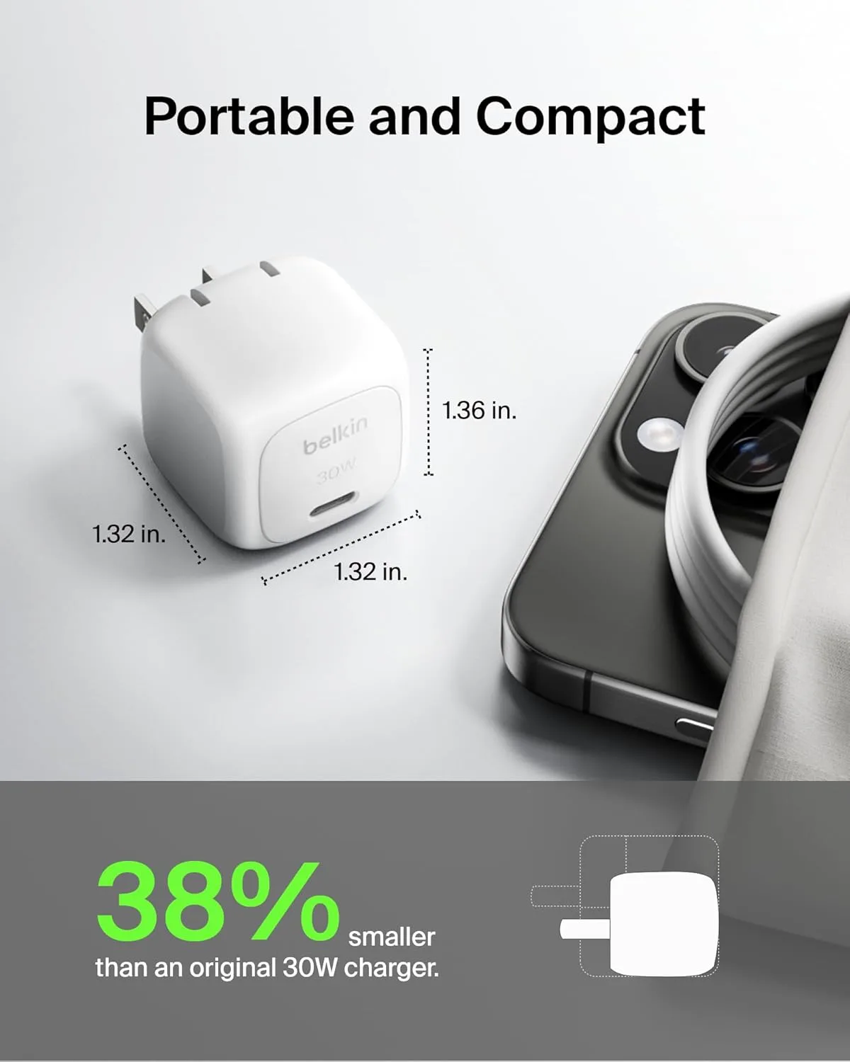 Belkin USB C Charger Block 30W, USB-C PD Super Fast Charging for Apple iPhone 16, 15, 14, Samsung Galaxy S25, Galaxy S24