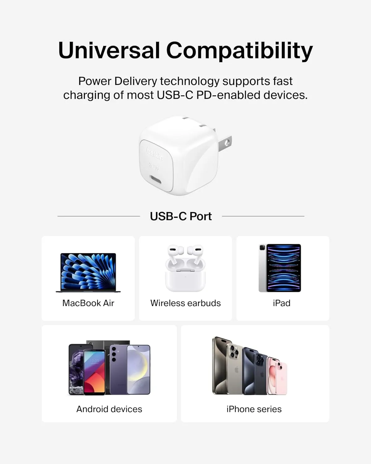 Belkin USB C Charger Block 30W, USB-C PD Super Fast Charging for Apple iPhone 16, 15, 14, Samsung Galaxy S25, Galaxy S24