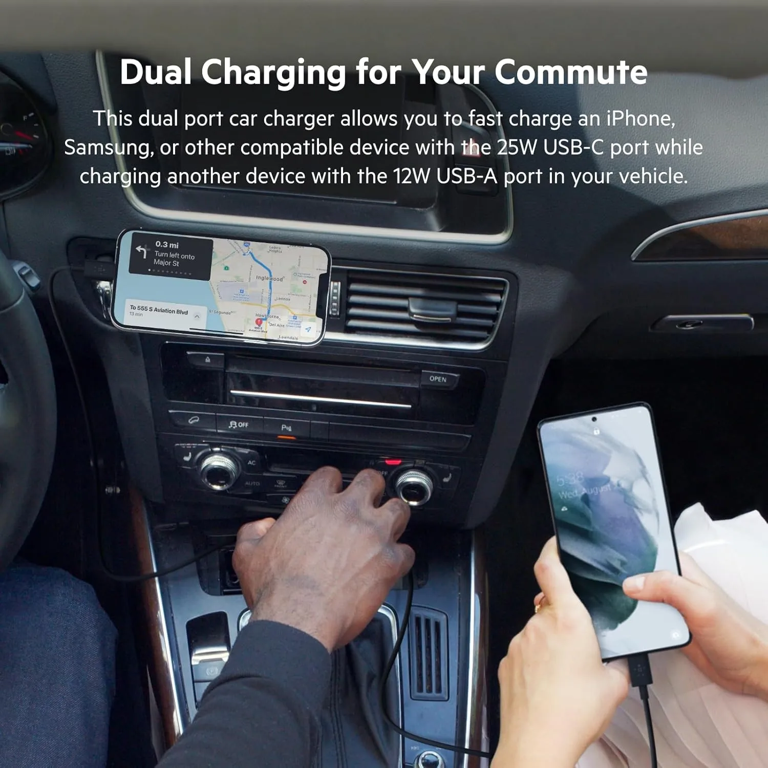 Belkin 37-Watt Dual USB Car Charger - Power Delivery 25W USB-C Port & 12W USB-A Port for PPS Charging Apple iPhone