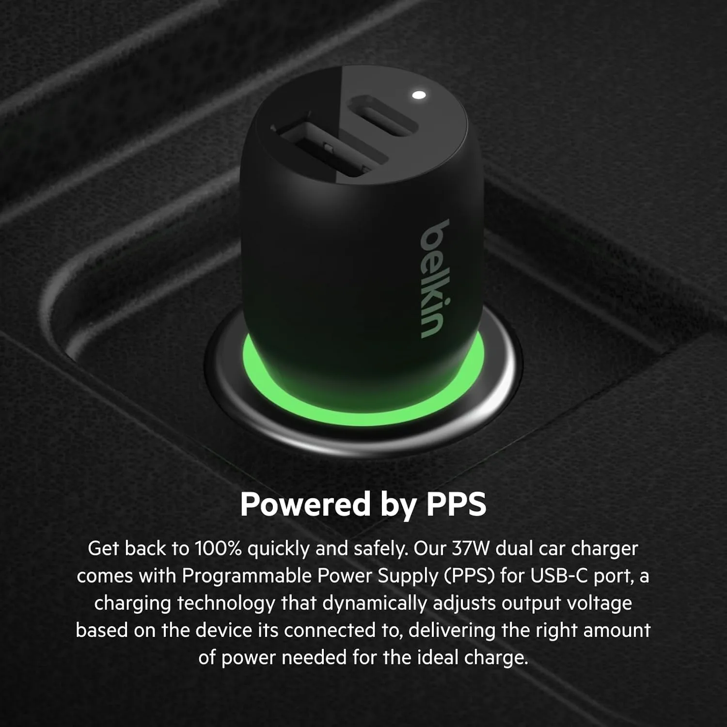 Belkin 37-Watt Dual USB Car Charger - Power Delivery 25W USB-C Port & 12W USB-A Port for PPS Charging Apple iPhone