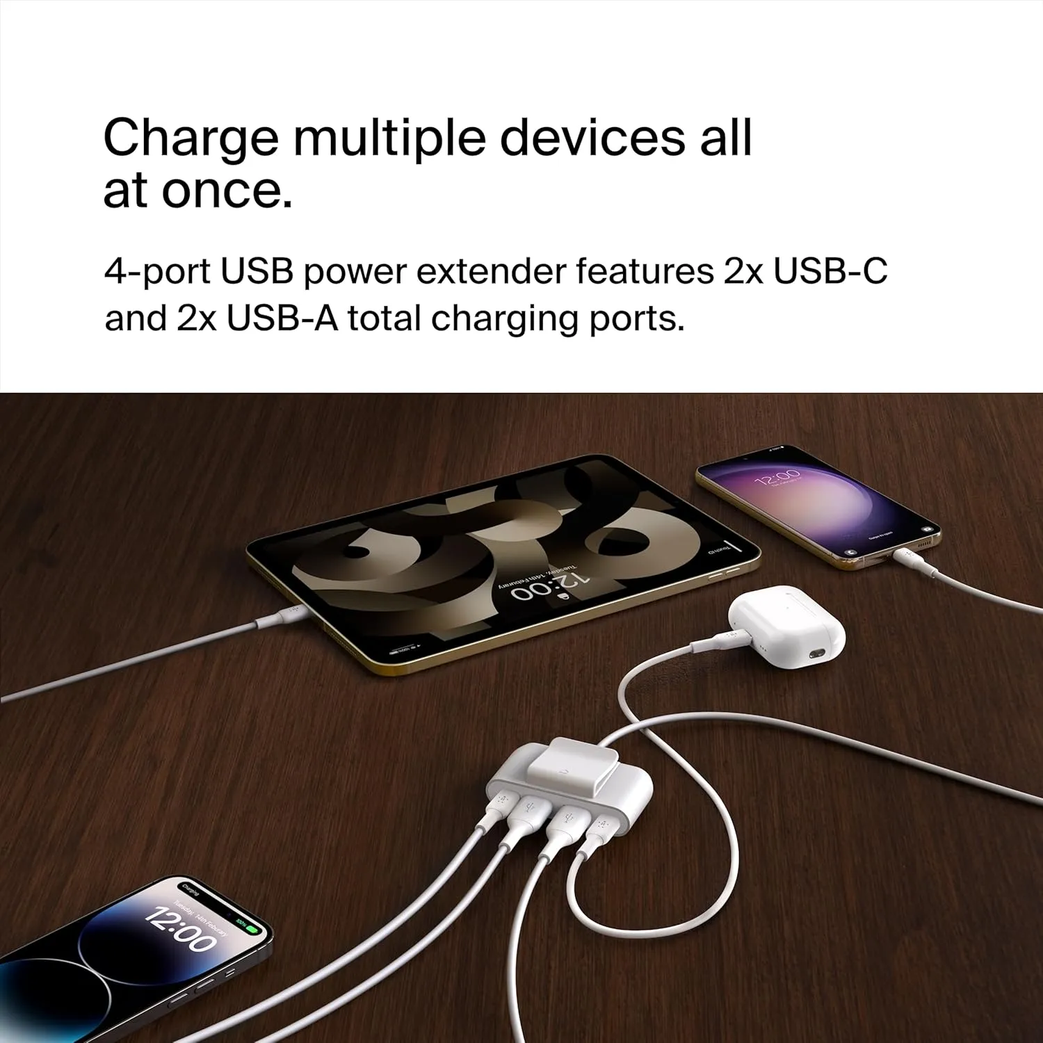 Belkin4-Port Power Extender - Compatible w/USB-C & USB-A Devices - Apple iPhone 17, Air, Pro, Pro Max, iPad, AirPods, Apple Watch, Samsung Galaxy S25, Nintendo Switch 2, Google Pixel 10, etc - White