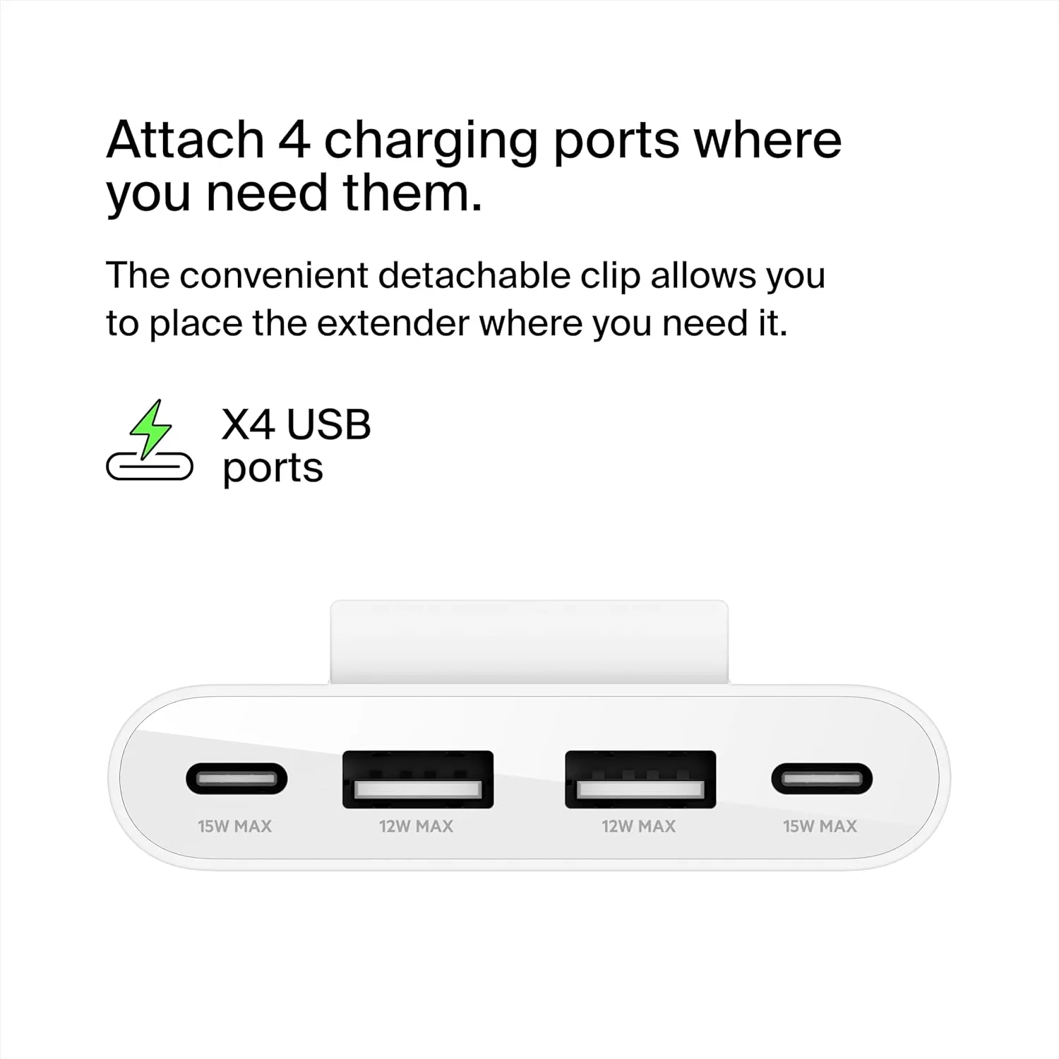 Belkin4-Port Power Extender - Compatible w/USB-C & USB-A Devices - Apple iPhone 17, Air, Pro, Pro Max, iPad, AirPods, Apple Watch, Samsung Galaxy S25, Nintendo Switch 2, Google Pixel 10, etc - White