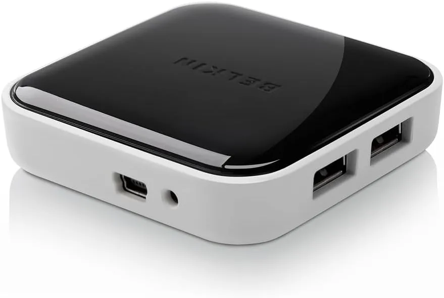 Belkin 4-Port Powered Desktop USB Hub with Support for USB-A, USB 2.0, and USB 1.1, Black and White
