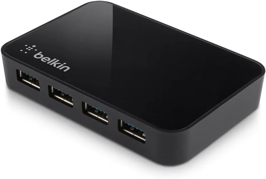 Belkin 4-Port USB 3.0 Hub – SuperSpeed Powered Station with 5Gbps Data & Charging, Compact Desktop Adapter for Laptops