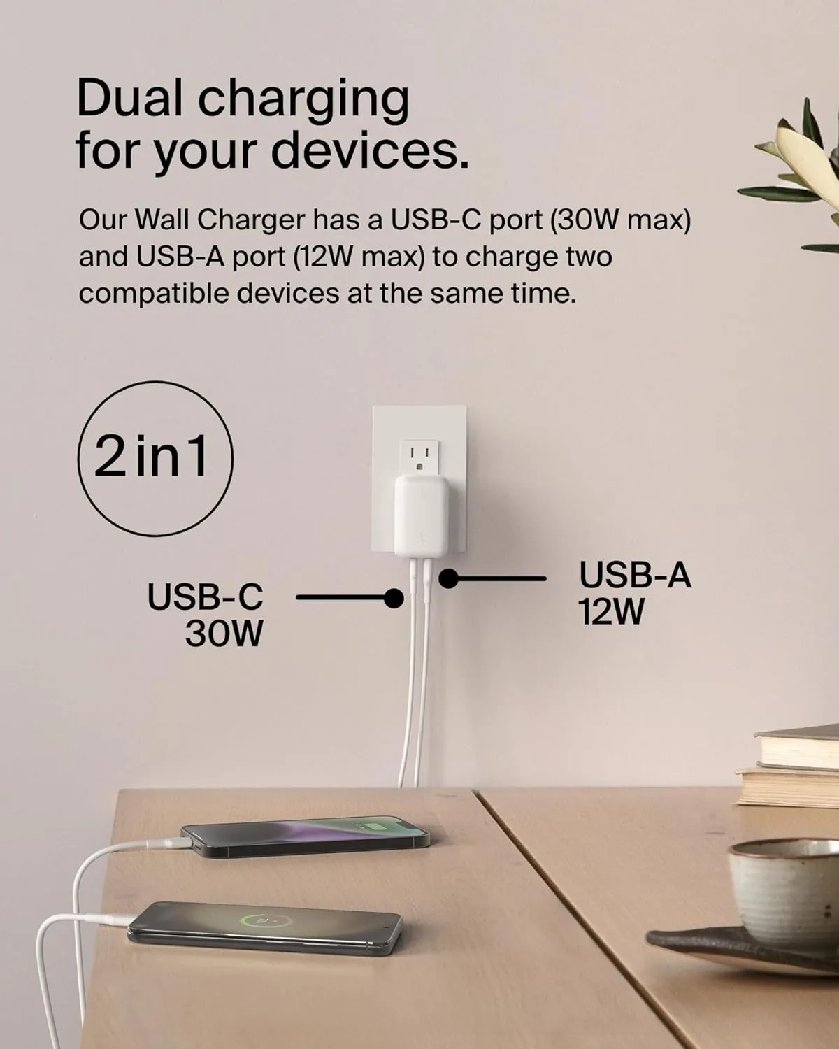 Belkin Dual Port Charger Block 42W, USB-C + USB-A Charger - Super Fast Charging - Samsung Galaxy S25, Apple iPhone 16, 15
