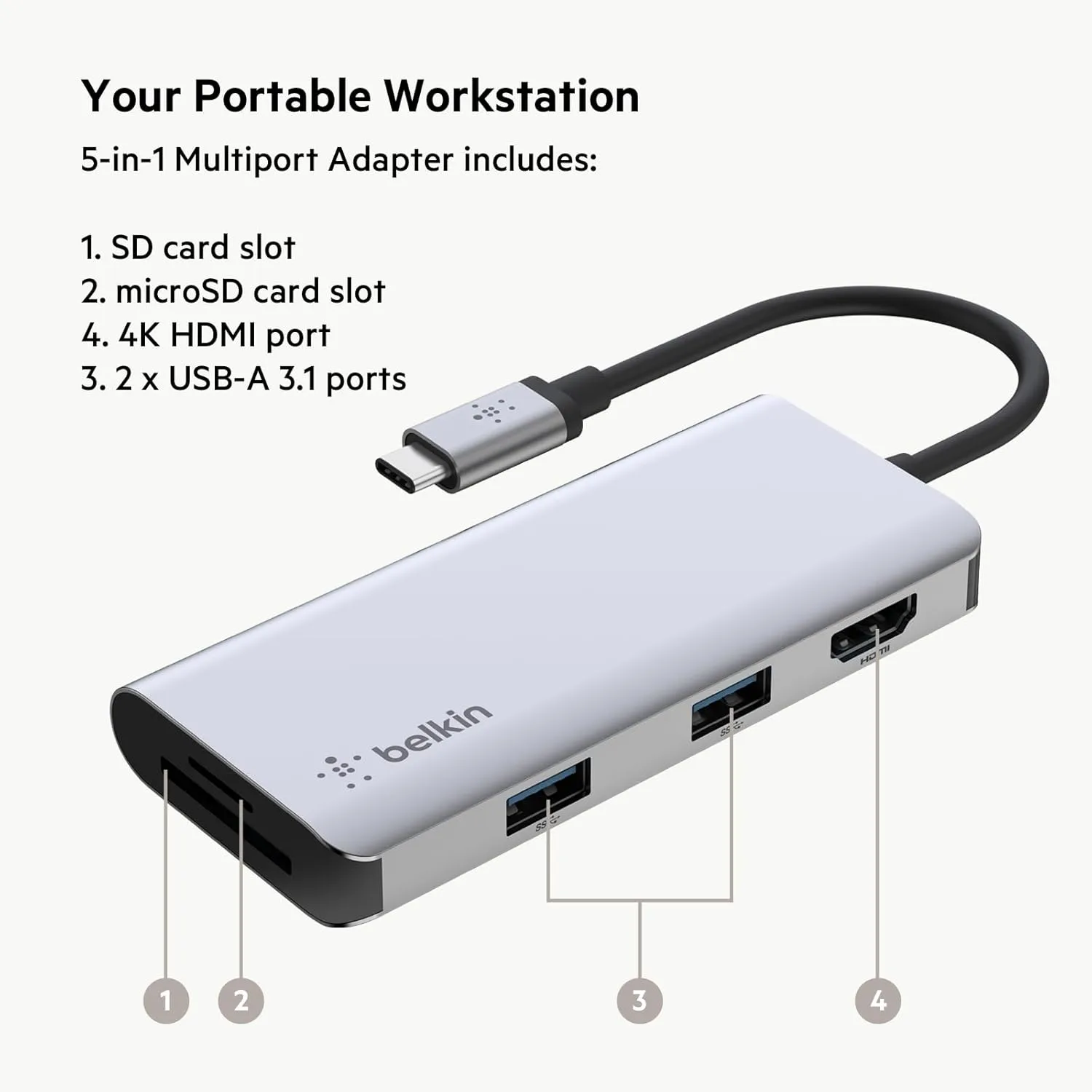 Belkin USB-C MultiPort Docking Station with 4K HDMI, SD & microSD Card Readers and USB-A Ports