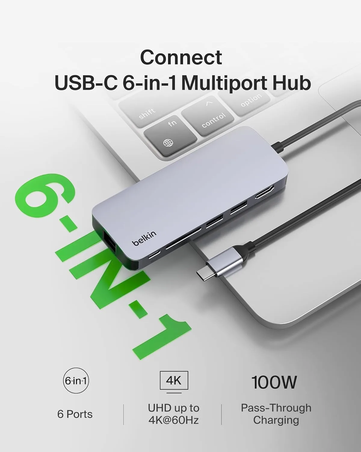 Belkin USB-C Hub - 6-in-1Multi-PortAdapter Dock with 4K HDMI, USB-C 100W PD Pass-Through Charging, 2X USB-A Ports