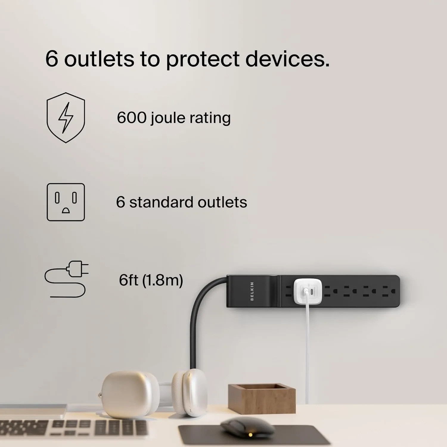 Belkin 6-Outlet Surge Protector Power Strip with 6 ft Heavy-Duty Cord