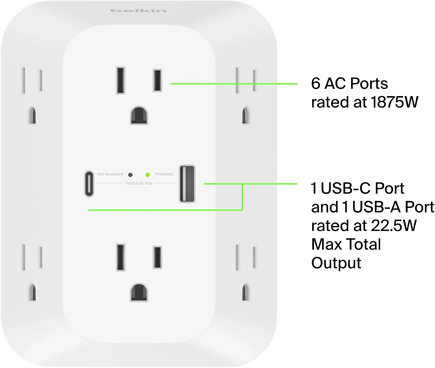 Belkin 6-Outlet Surge Protector Power Strip, ETL-listed, Wall-Mountable w/ 6 AC Outlets, Overvoltage Protection