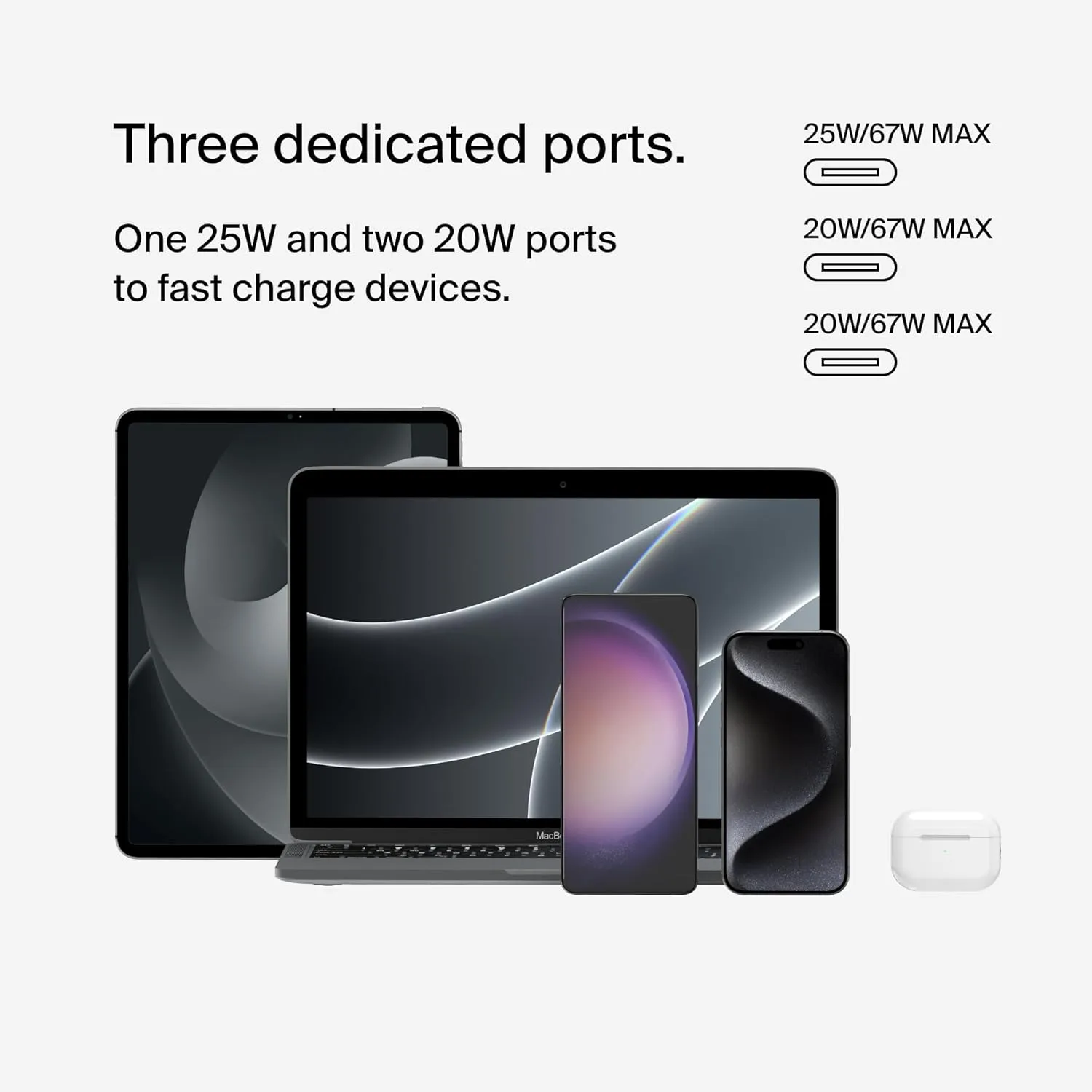 Belkin 3-Port USB C Charger Block 67W - PPS, USB-C PD 3.1 Enabled Fast Charging Charger for iPhone 16, MacBook Pro, AirPods