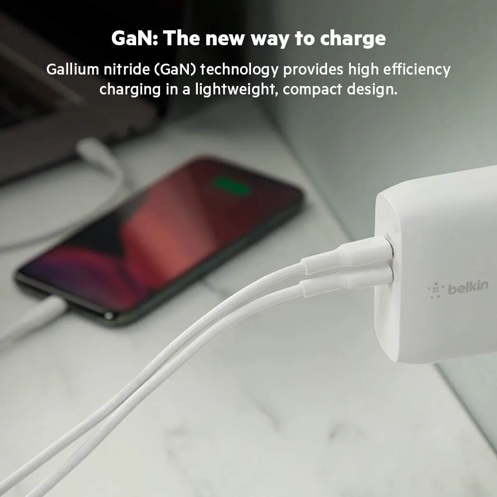 Belkin Dual Port USB C Charger Block 68W - GaN Fast Charging - Type C - USB-C PD Charge for Apple iPhone 16