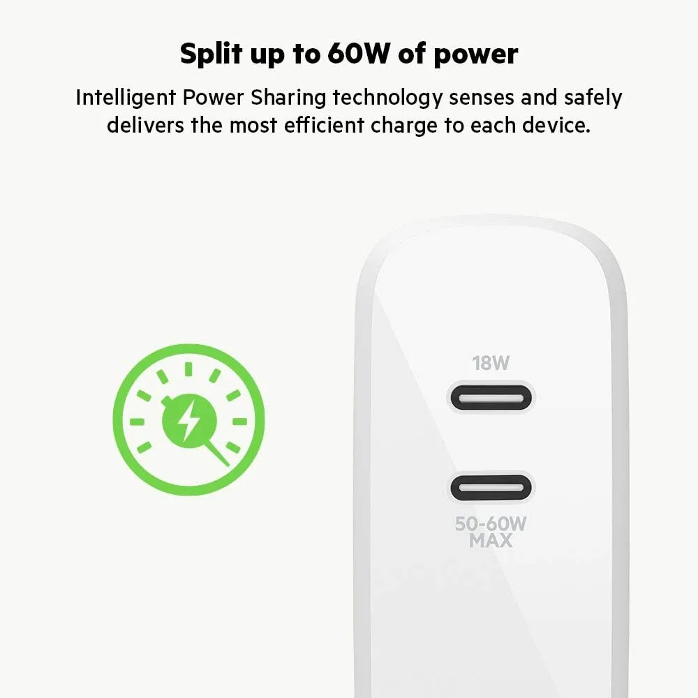 Belkin Dual Port USB C Charger Block 68W - GaN Fast Charging - Type C - USB-C PD Charge for Apple iPhone 16