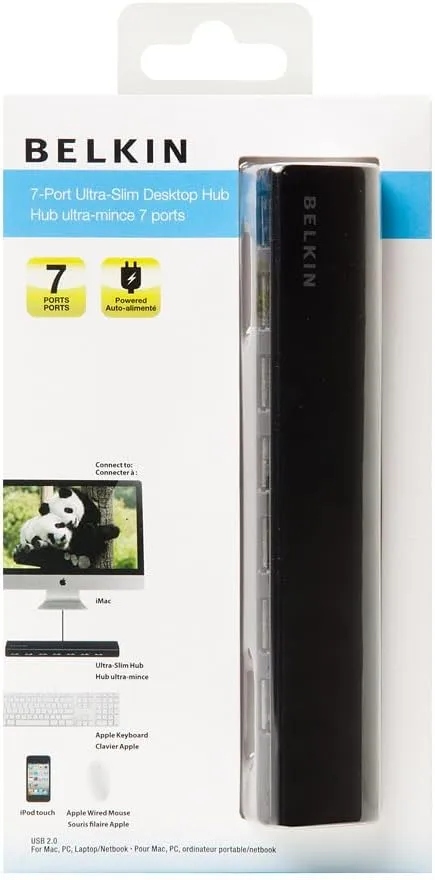 Belkin 7-Port Ultra-Slim Desktop USB Hub - Desktop USB Hub 2.0 - 7 Hi-Speed USB Ports