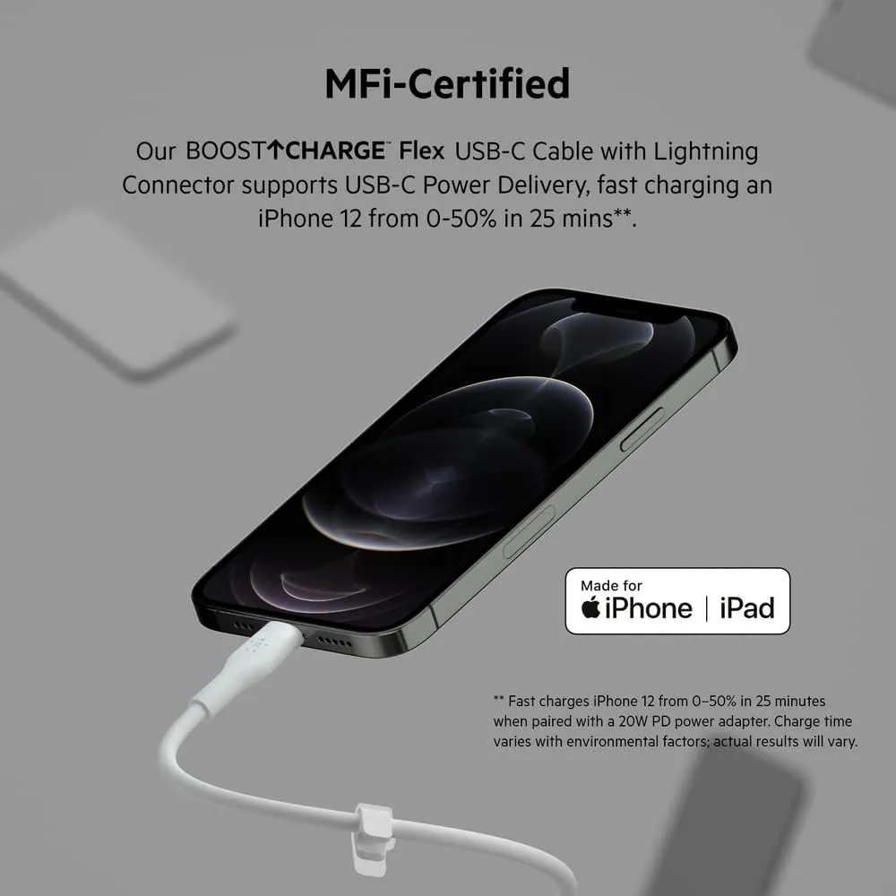 Belkin BoostCharge Flex Silicone USB-C to Lightning Cable (2M/6.6FT), MFi-Certified Charging Cable for iPhone Series