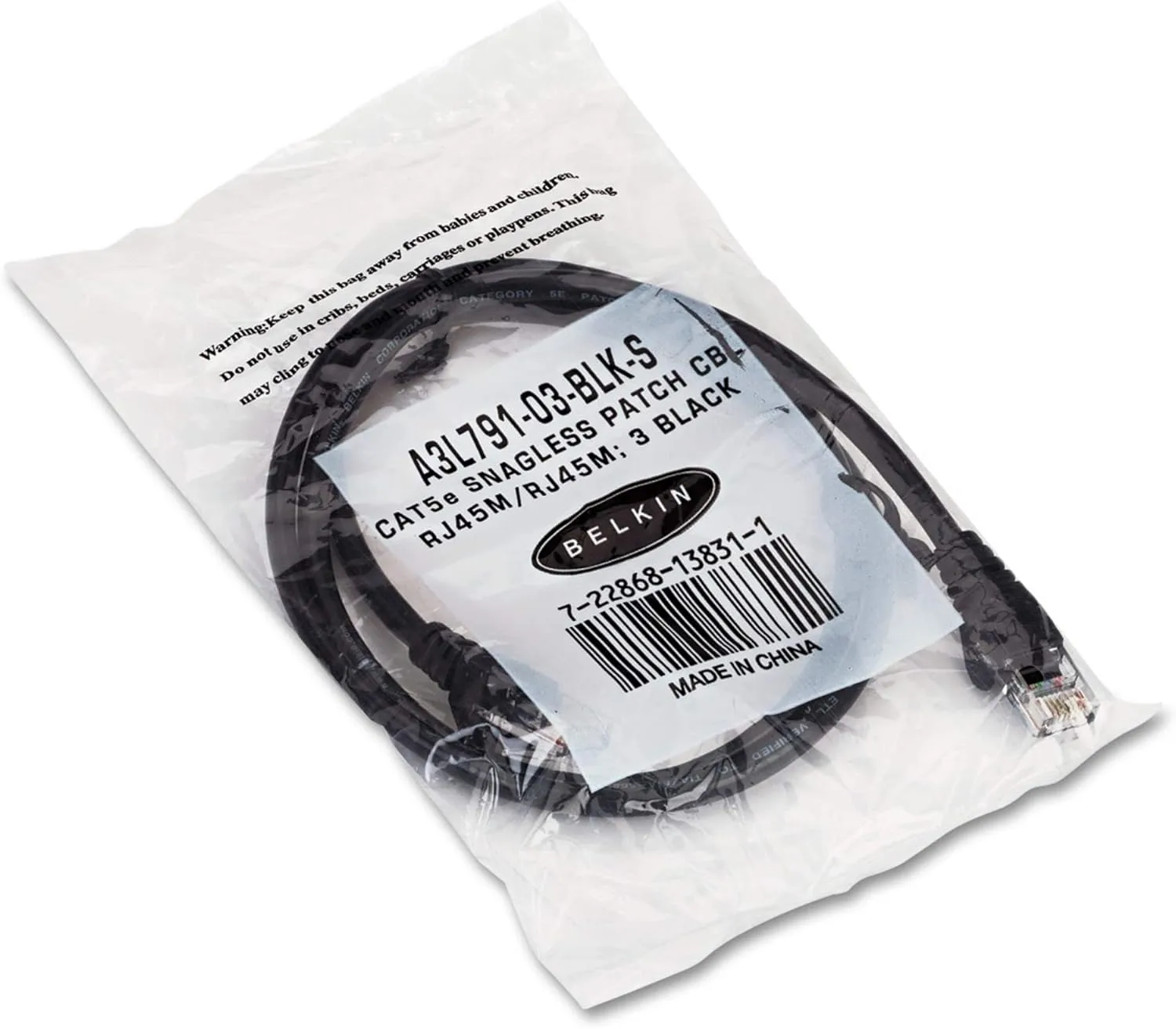 Belkin Cat5e 10/100 Base-T Patch Cable, Snagless, 3ft, Black