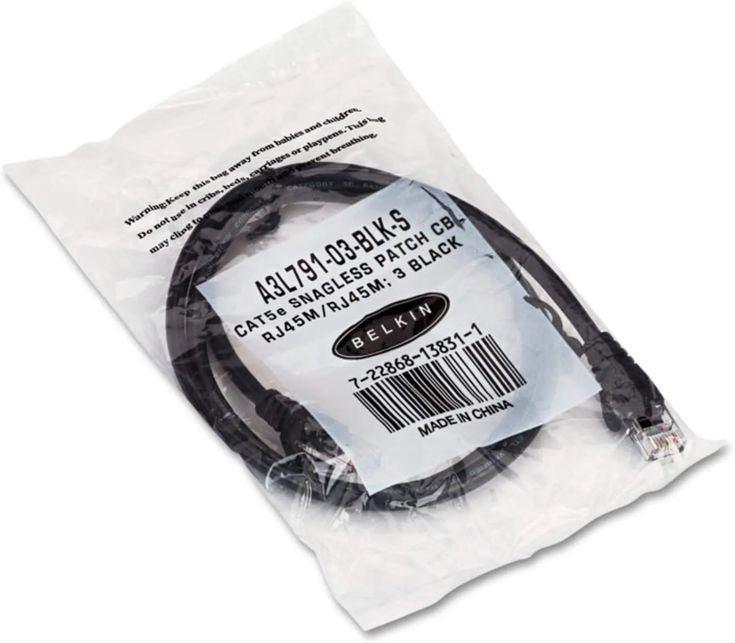 Belkin Cat5e 10/100 Base-T Patch Cable, Snagless, 3ft, Black