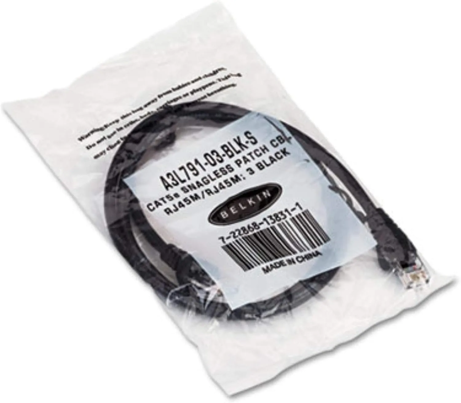 Belkin Cat5e 10/100 Base-T Patch Cable, Snagless, 3ft, Black