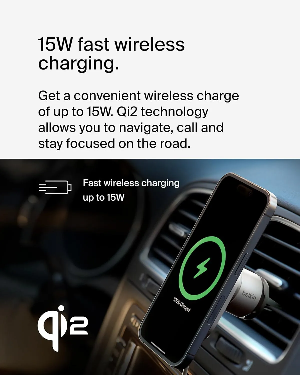 Belkin MagSafe-Compatible Wireless Car Charger with 15W Fast Charging, Powerful Magnetic Vent Holder for iPhone 16, 15, 14