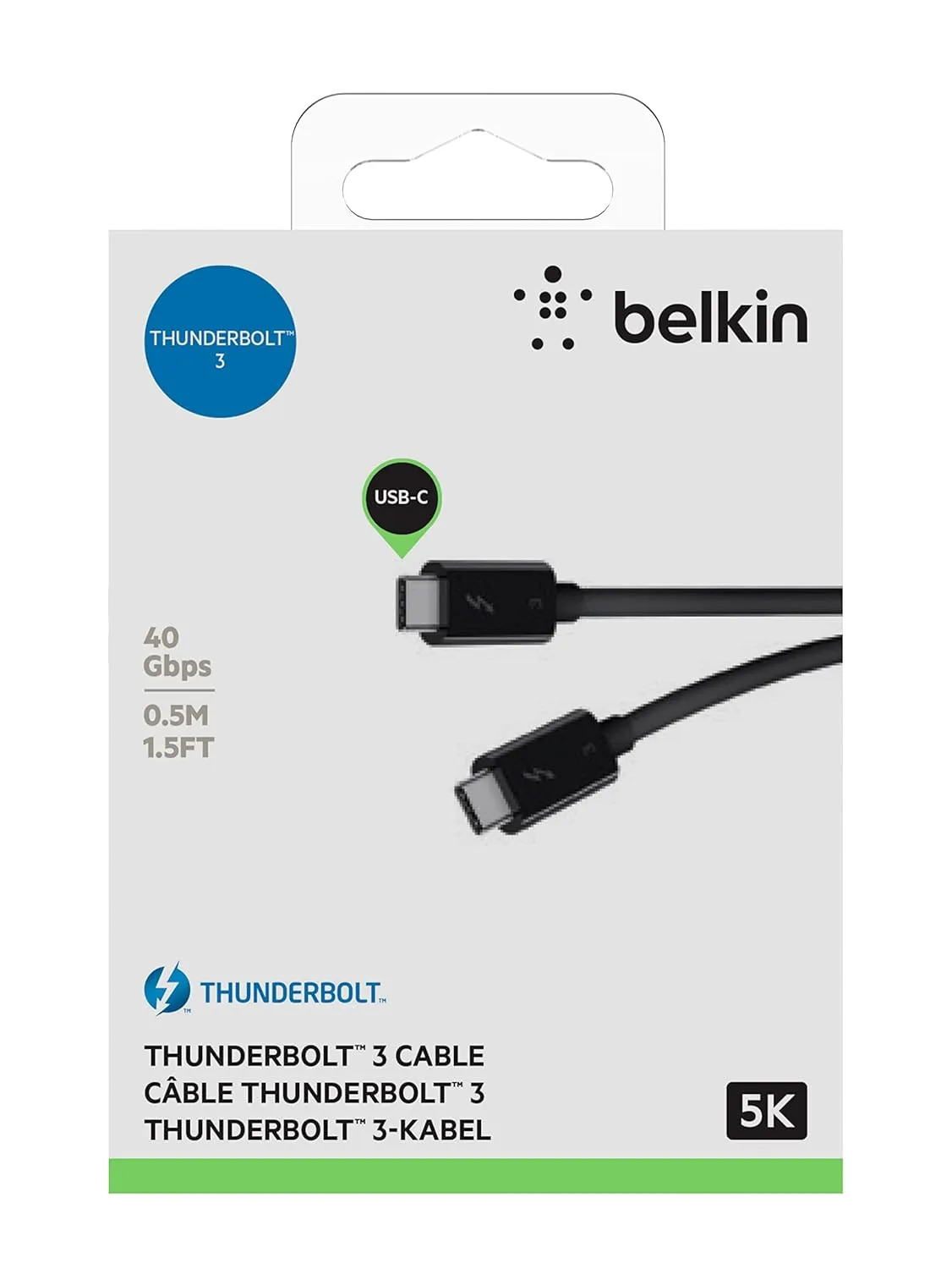 Belkin Thunderbolt 3 Cable (USB-C to USB-C), 100 Watts (1.6 Feet/0.5 Meters) - F2CD084bt0.5MBK, black 1.6 FT