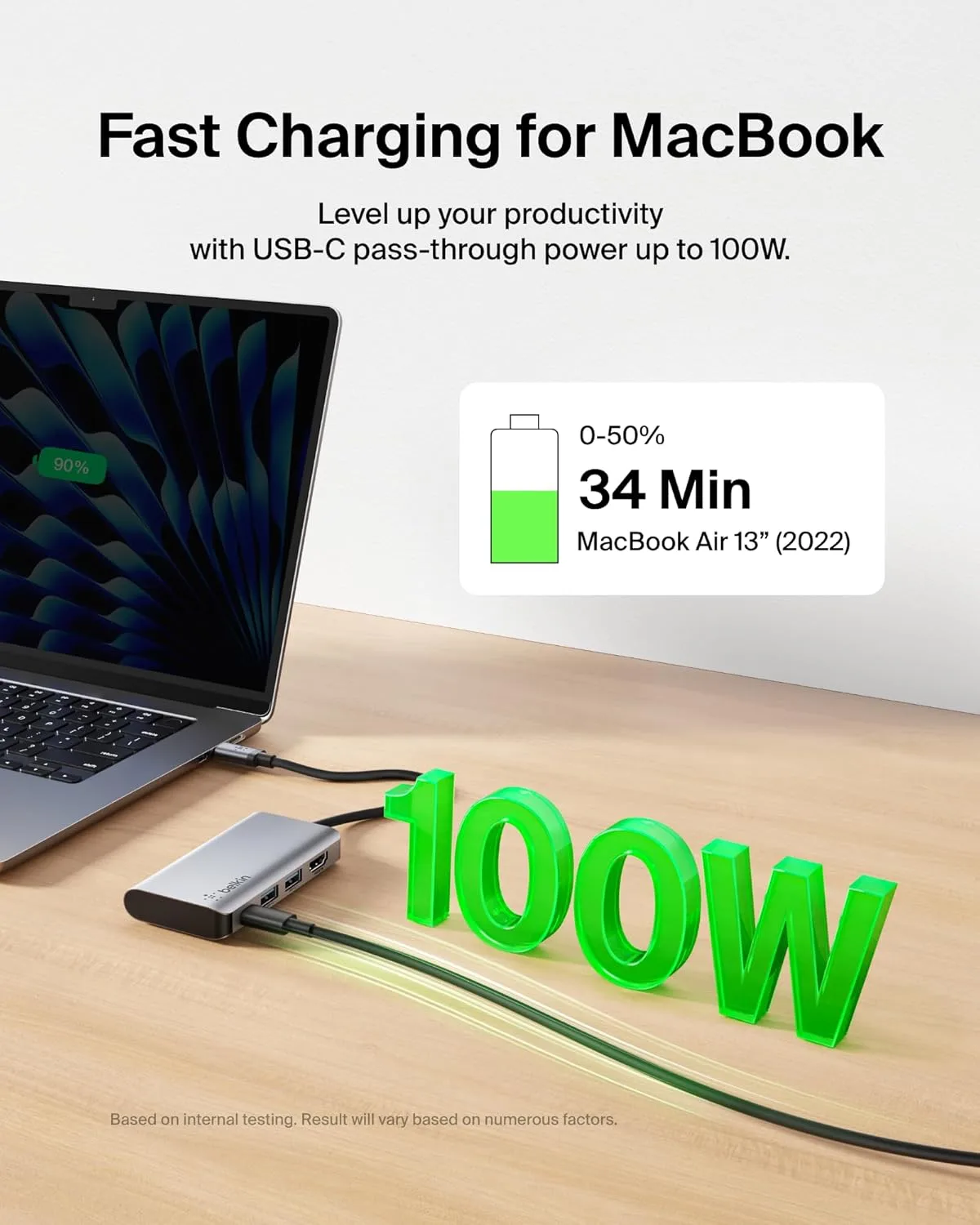 Belkin USB C Hub, 4-in-1 Multi-Port Laptop Dock with 4K HDMI, USB C Docking Station with 100 Watt Pass-Through Power