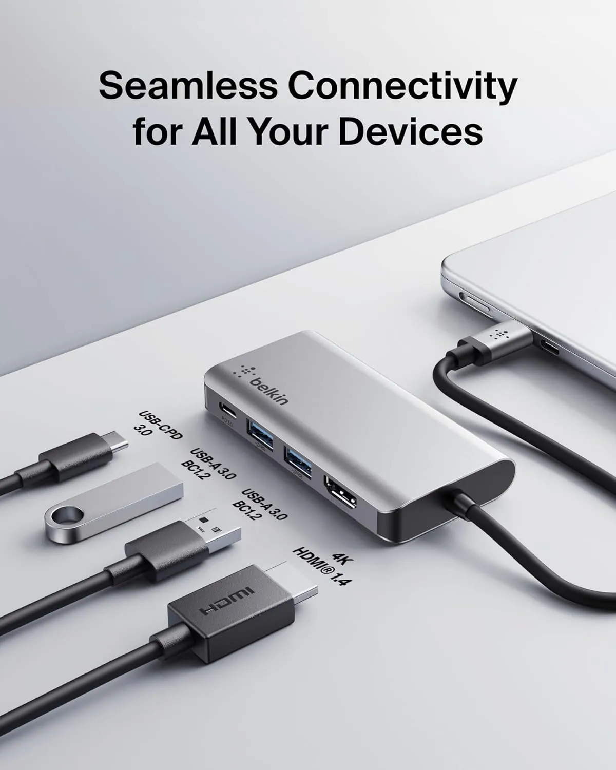 Belkin USB C Hub, 4-in-1 Multi-Port Laptop Dock with 4K HDMI, USB C Docking Station with 100 Watt Pass-Through Power