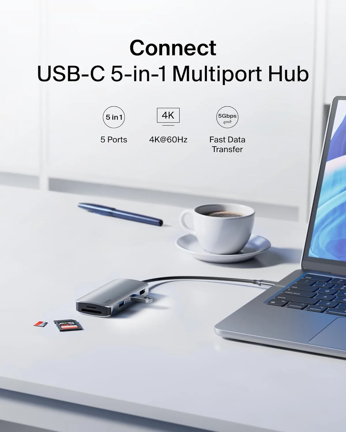 Belkin USB-C Hub, 5-in-1 Multiport Adapter - USB-C Docking Station with 4K HDMI, 2 x USB-A Ports, SD & MicroSD