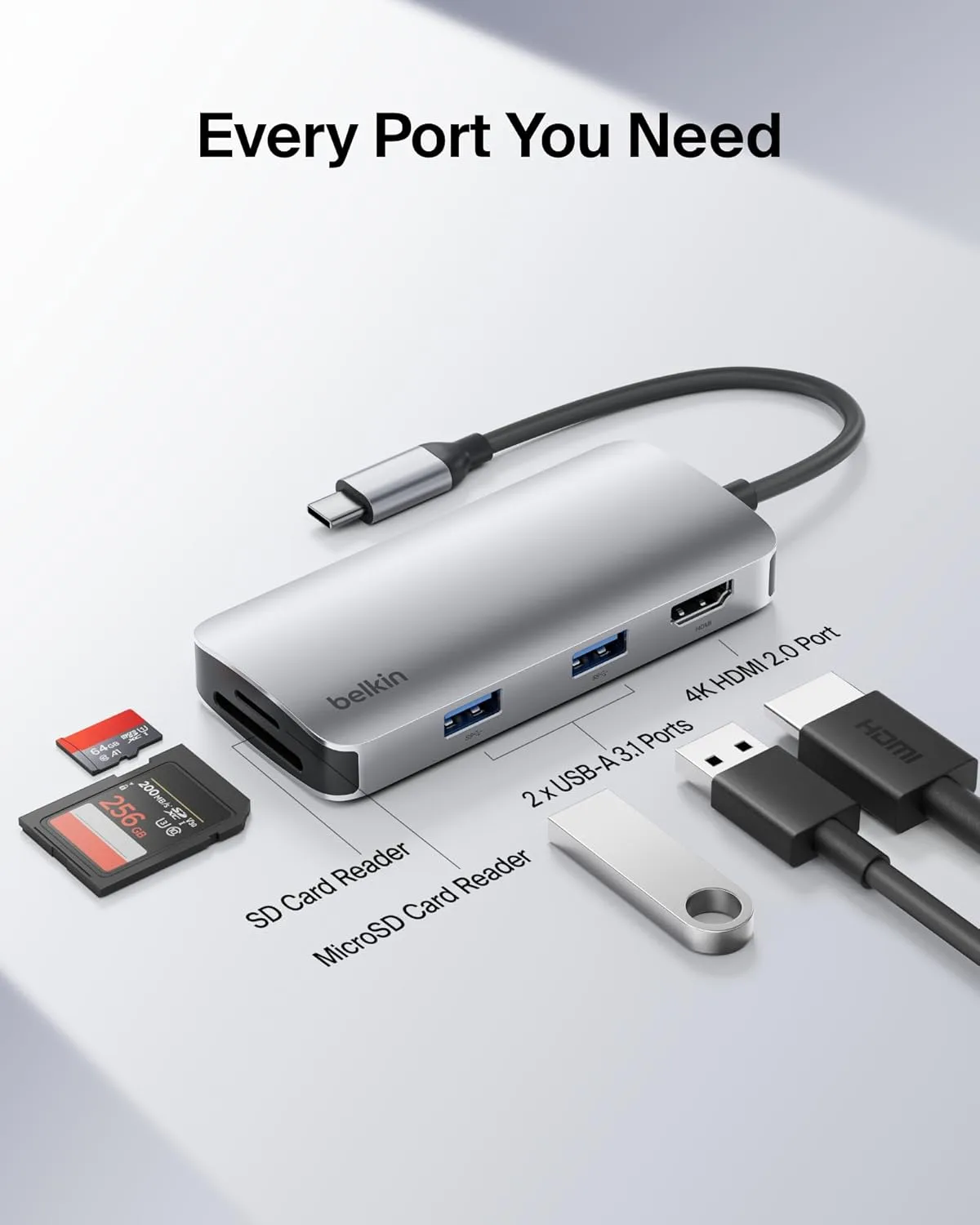 Belkin USB-C Hub, 5-in-1 Multiport Adapter - USB-C Docking Station with 4K HDMI, 2 x USB-A Ports, SD & MicroSD