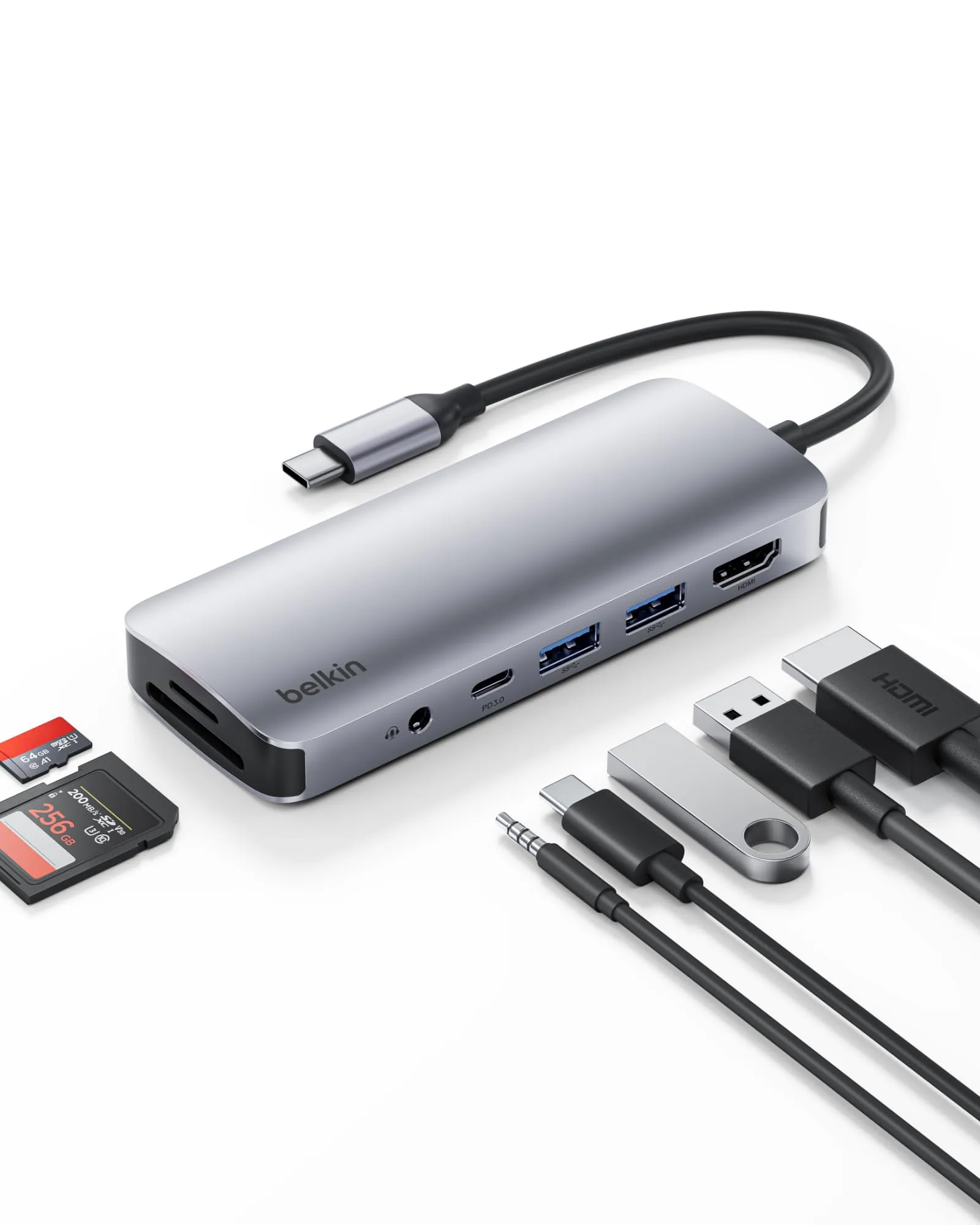 Belkin USB-C Hub, 7-in-1 Multiport Adapter - USB Docking Station with 4K HDMI, USB-C PD 3.0 Port, 2 x USB-A 3.1 Ports, SD Card & MicroSD Card Slots, & 3.5mm Audio Jack for MacBook, Air, iPad Pro, XPS