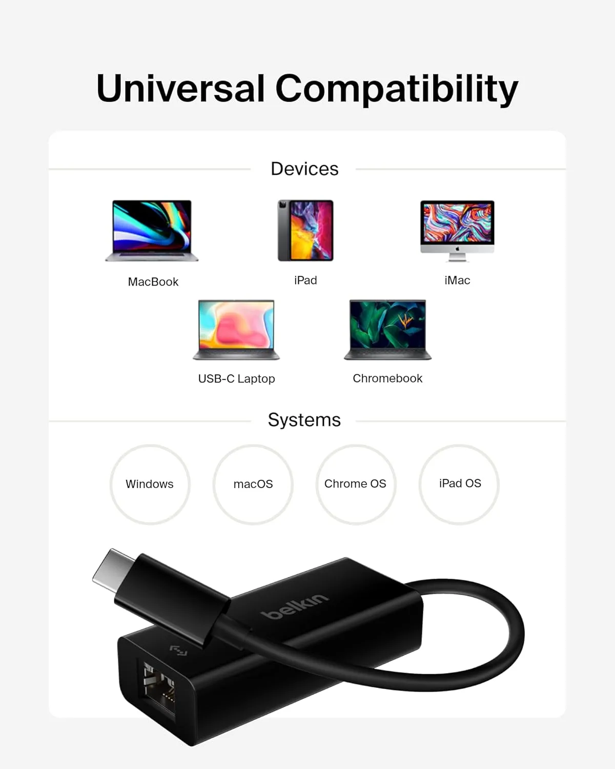 Belkin USB-C to Ethernet Adapter, Gigabit Ethernet Port Compatible w/ USB-C Devices
