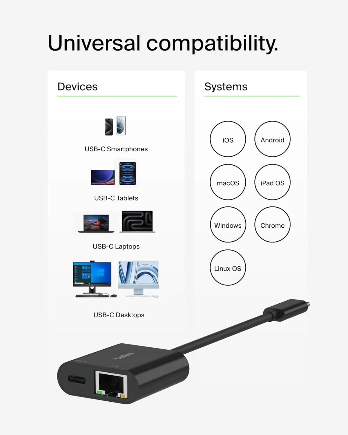 Belkin Connect USB-C to Ethernet + Charge Adapter 100W PD, Gigabit