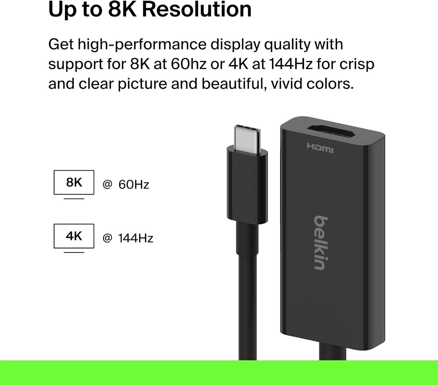Belkin USB-C to HDMI 2.1 Adapter, 8K@60Hz 4K@144Hz, 4.33in Tethered Cable - Black