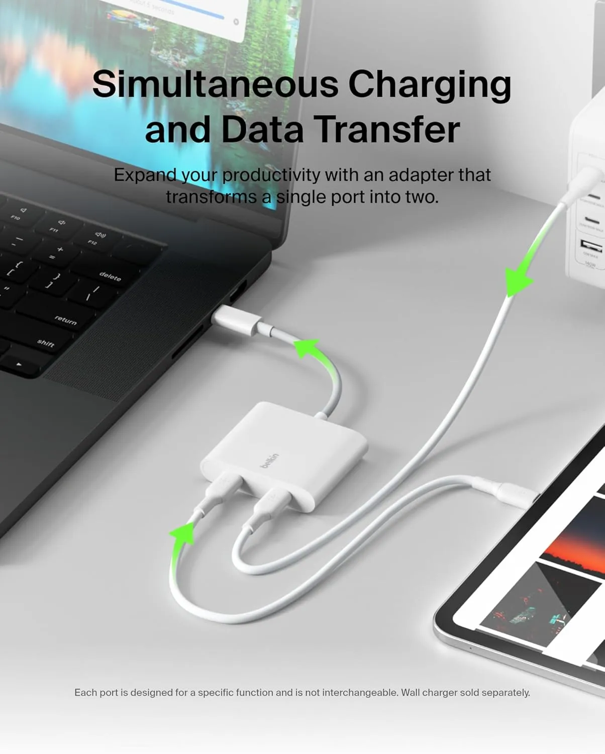 Belkin USB C Splitter - Dual Port Hub - 1 x USB-C 3.2 Gen2 Port & 1 x 100W PD Port