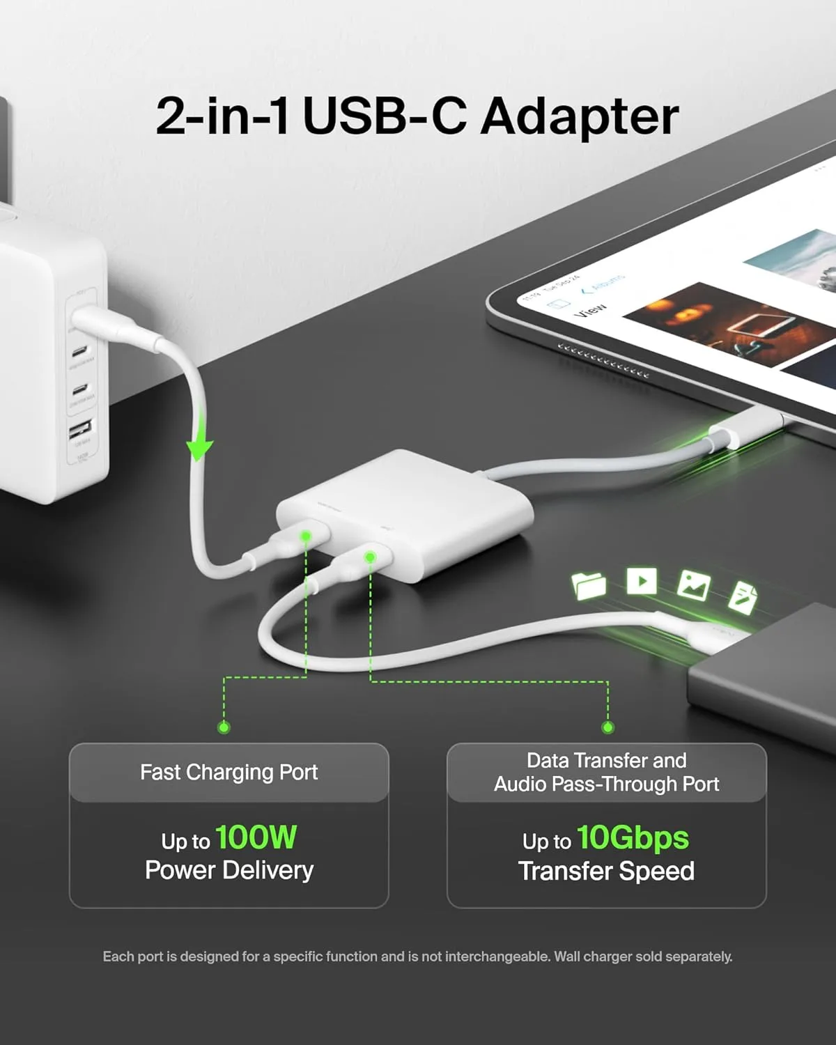 Belkin USB C Splitter - Dual Port Hub - 1 x USB-C 3.2 Gen2 Port & 1 x 100W PD Port