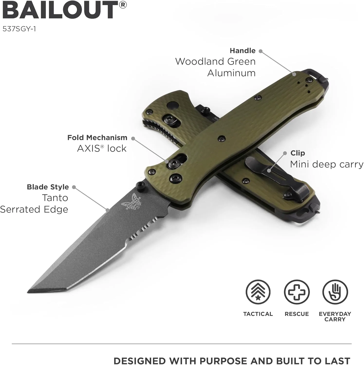 BENCHMADE Bailout 537 EDC/Tactical Knife, Tanto Blade, Aluminum Handle