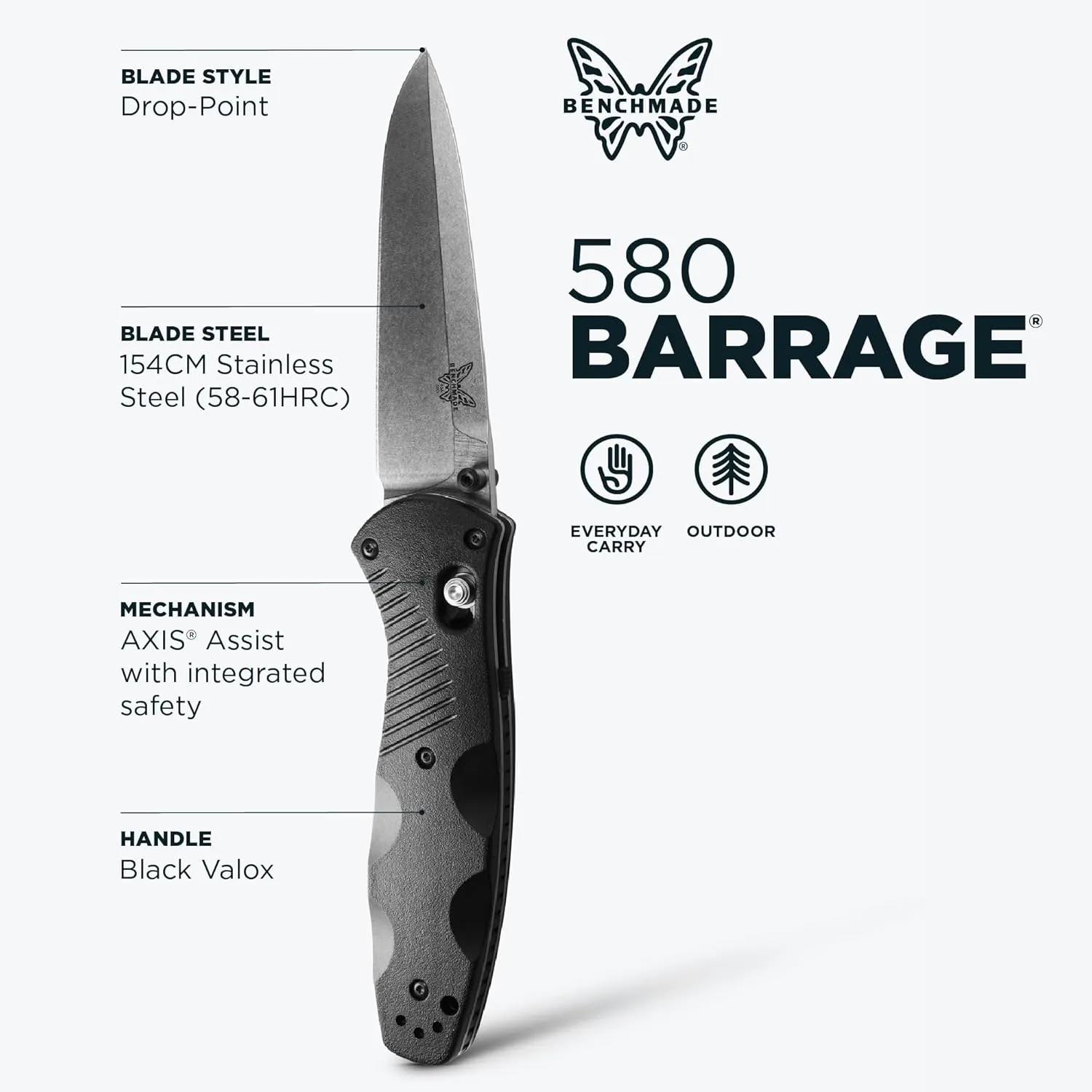 BENCHMADE Barrage EDC Folding Knife - Drop-Point Plain Edge