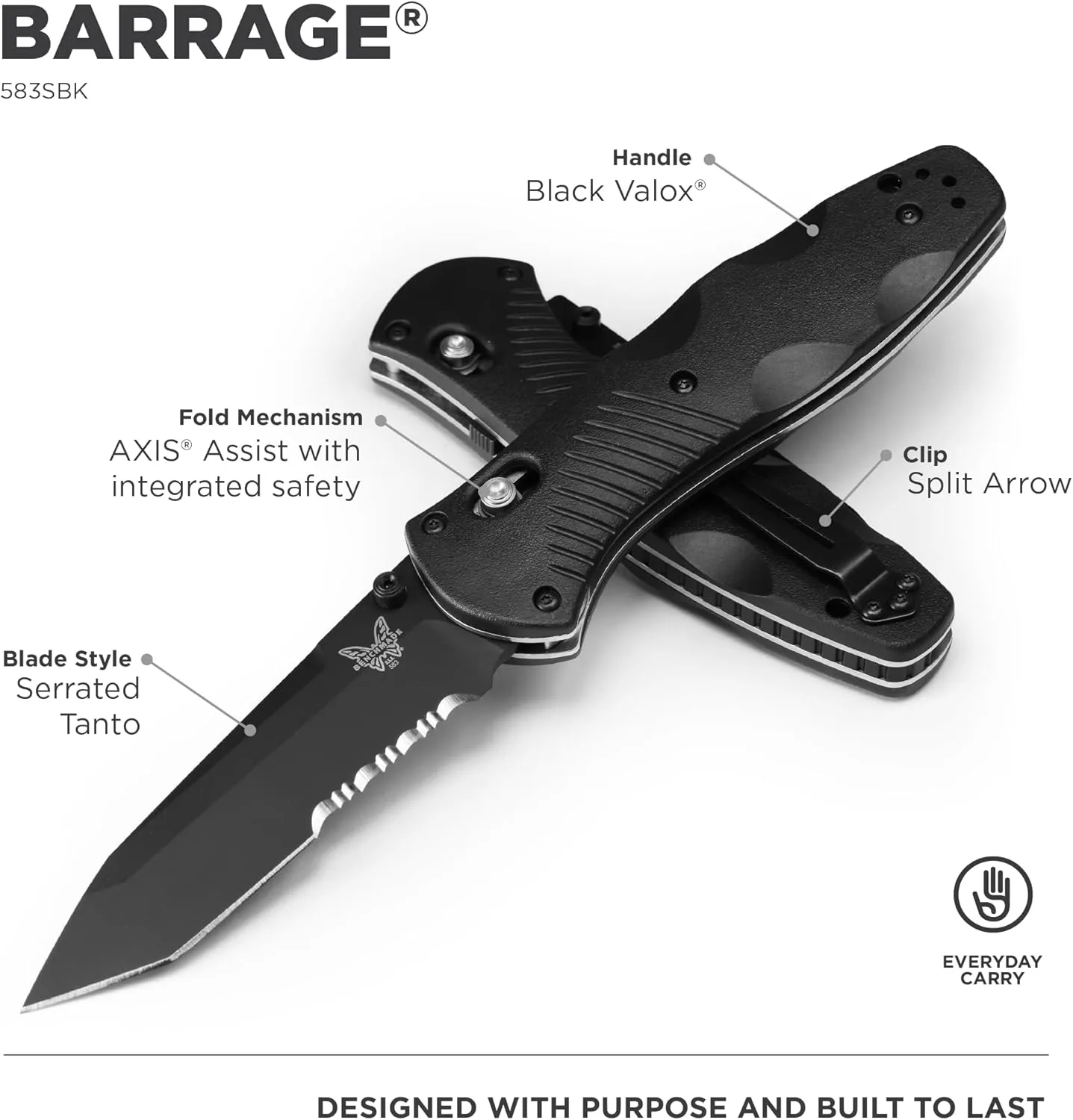 Benchmade - Barrage 583 Tactical Knife, Serrated Tanto Blade with Black Handle (583SBK)