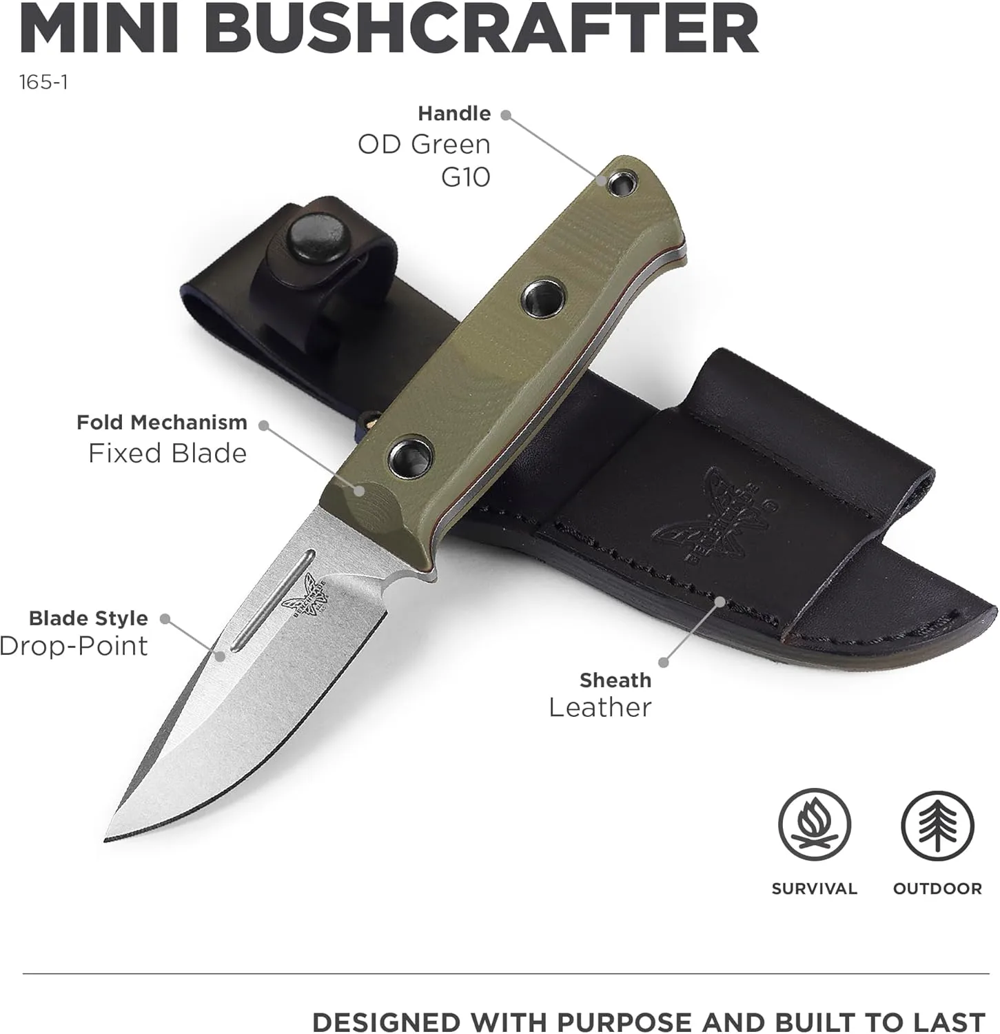 BENCHMADE Mini Bushcrafter 165 Fixed-Blade Survival Knife
