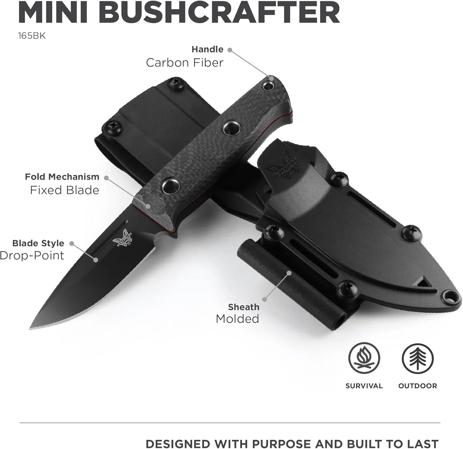 BENCHMADE Mini Bushcrafter 165 Fixed-Blade Survival Knife