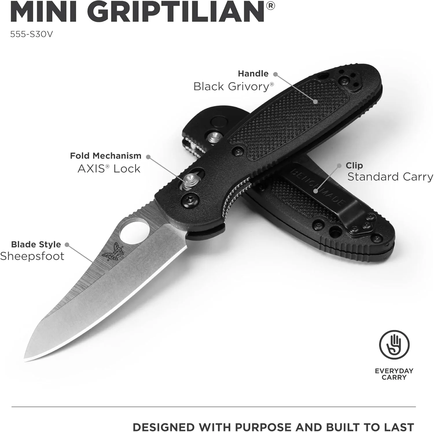 BENCHMADE Mini Griptilian Folding Knife CPM-S30V Grivory Handle