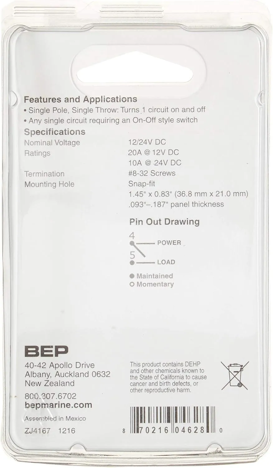BEP 10A, 20A & 25A Rocker Switches - Marine Snap-In Panel Mount