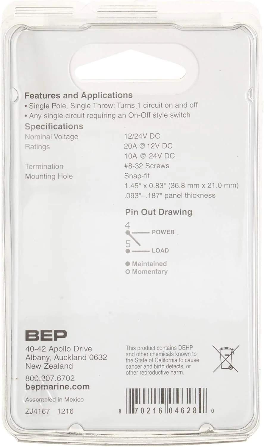 BEP 10A, 20A & 25A Rocker Switches - Marine Snap-In Panel Mount