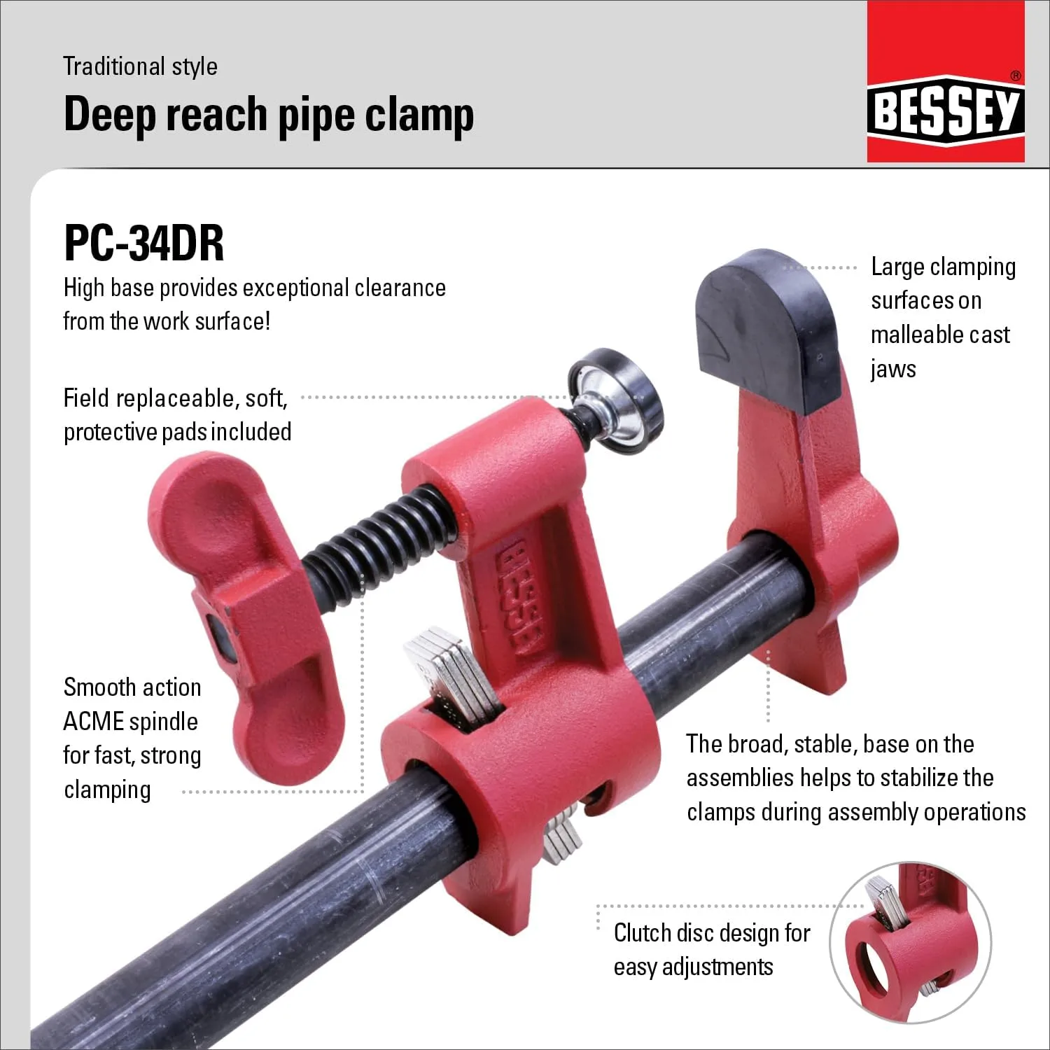 BESSEY PC-34DR, 3/4 In. Pipe Clamps, Deep Reach 2-1/2 In. - Incredibly Versatile, Easy To Assemble