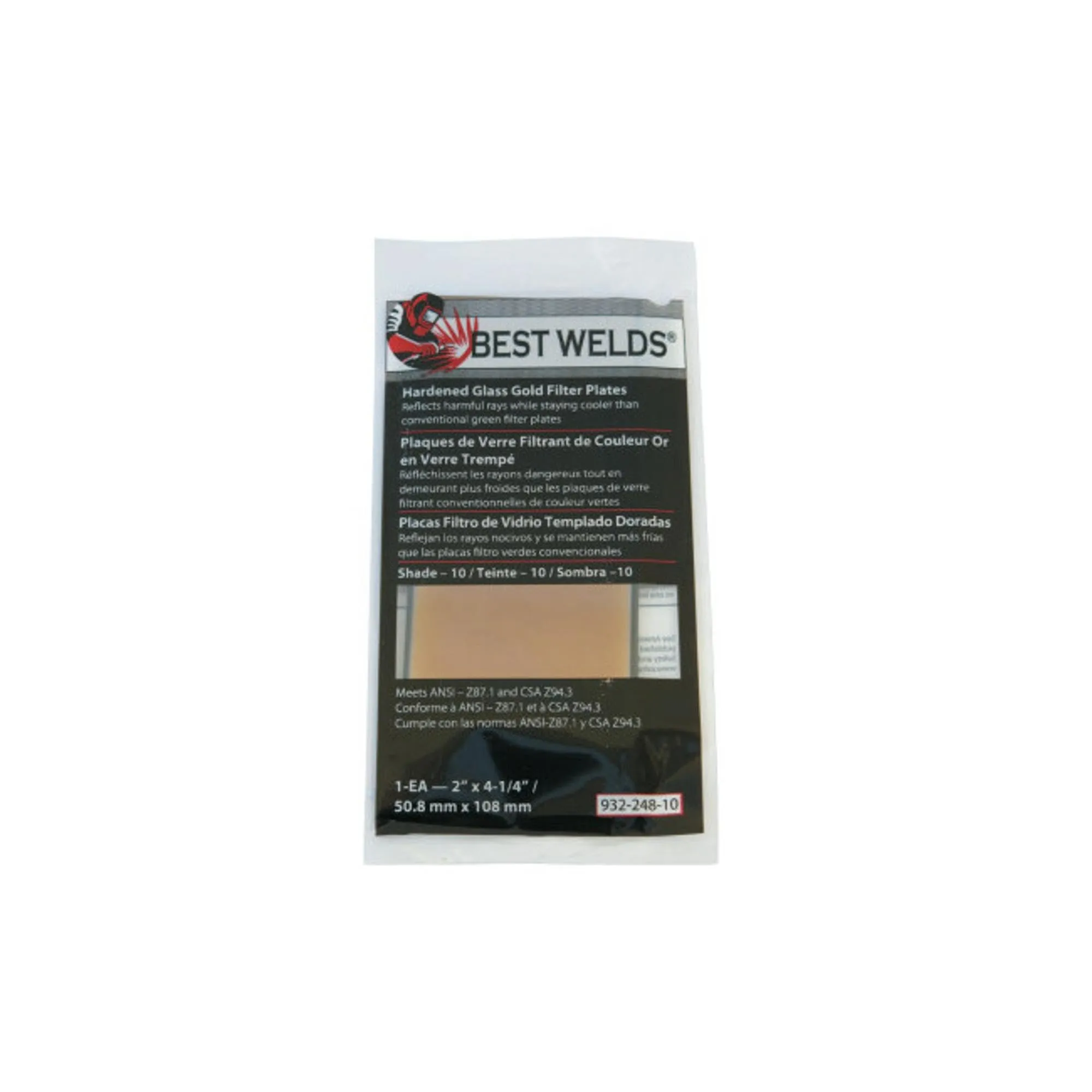 BEST WELDS 901-932-248-10 - 2" Hardened Glass Gold Filter Plate, Gold/10, 2" x 4.25" SH10