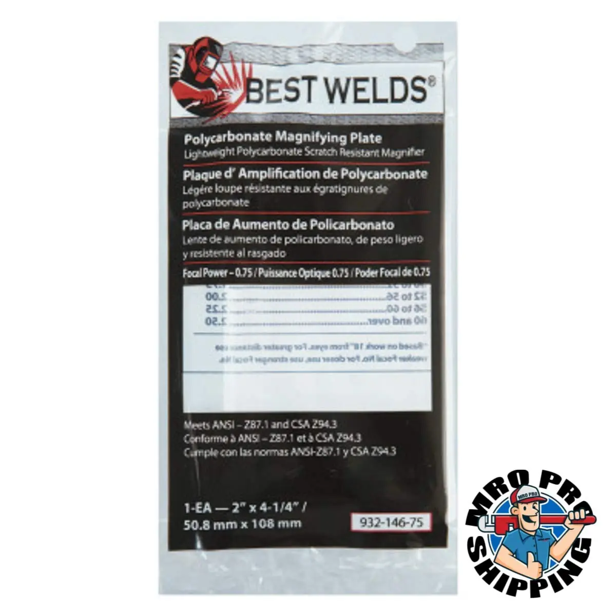 BEST WELDS 901-932-146-75 - 2" Plastic Magnifier Plate, 2" x 4.25" 0.75 Diopter, Polycarbonate, Clear