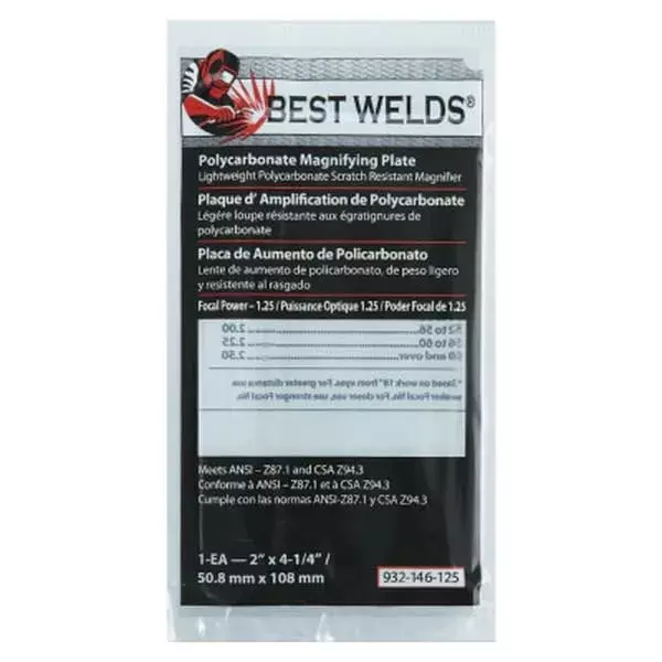 BEST WELDS 901-932-146-125 - 2" Plastic Magnifier Plate, 2" x 4.25" 1.25 Diopter, Polycarbonate, Clear