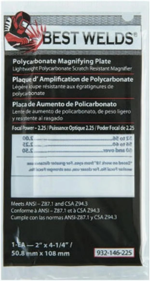 BEST WELDS 901-932-146-225 - 2" Plastic Magnifier Plate, 2" x 4.25" 2.25 Diopter, Polycarbonate, Clear