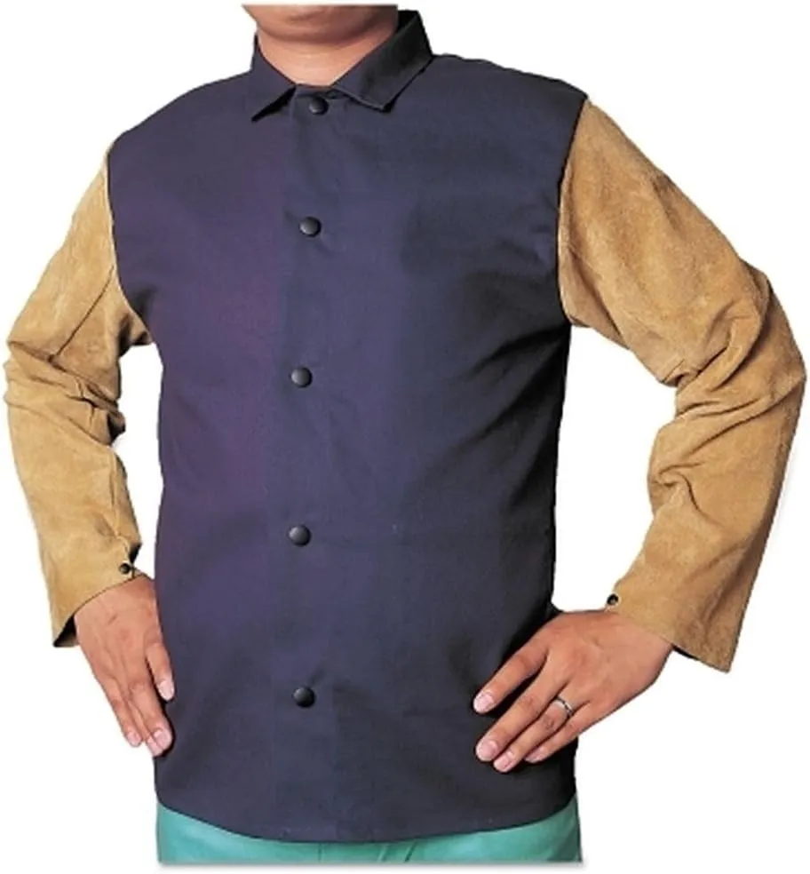 BEST WELDS 902-1201-M - Leather/Flame Retardant Sateen Combo Jacket, Medium, Blue/Tan